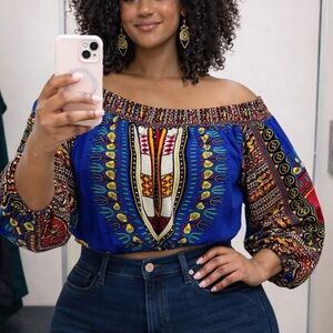 Off the shoulder vibrant daishiki tribal print crop top with bloom sleeves